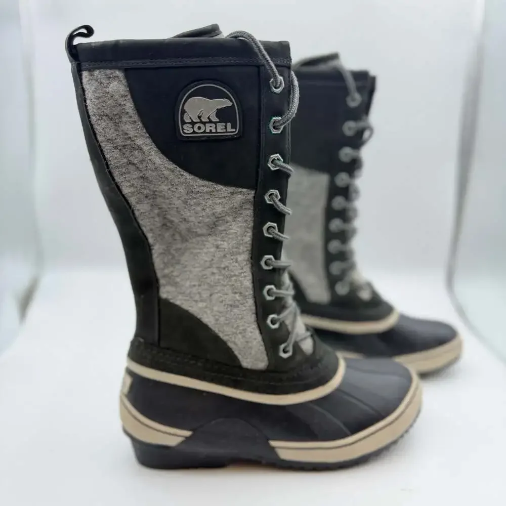 Sorel Sorelli Tall Waterproof Lace-Up Winter Boots in Black and Grey Felt